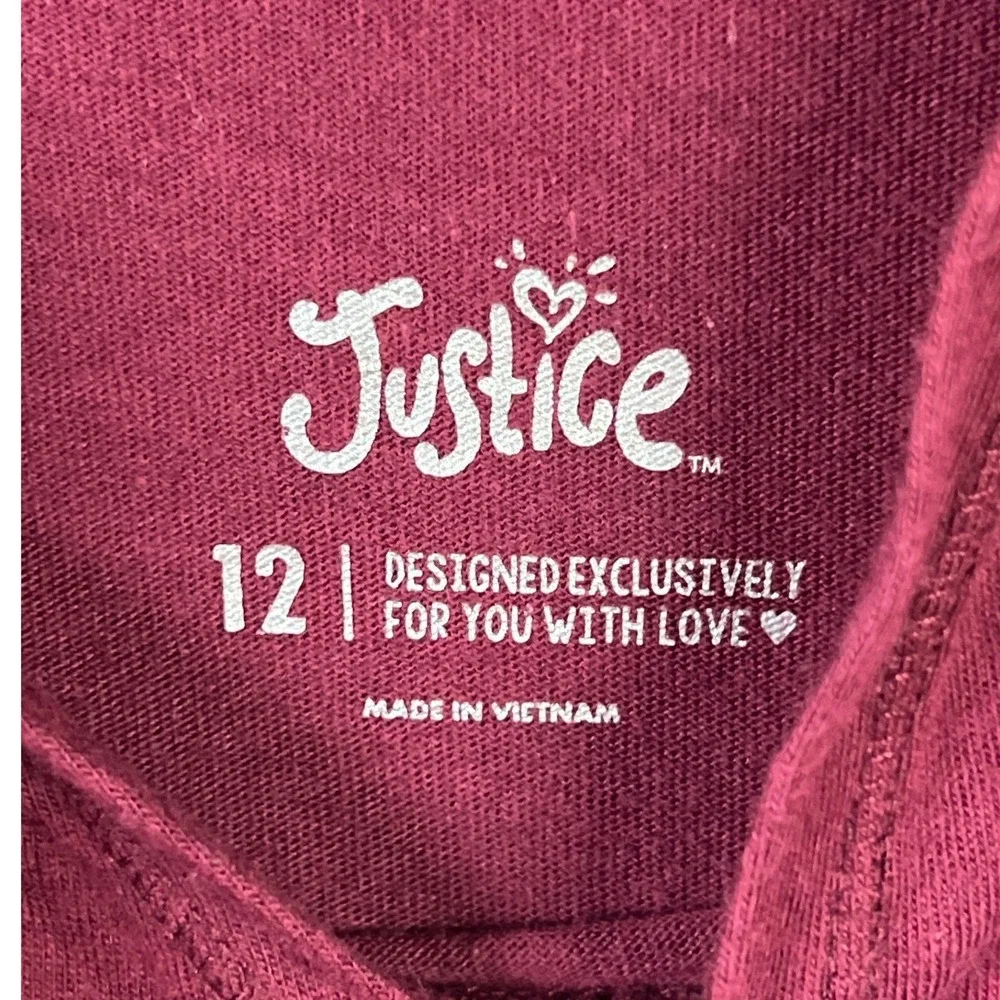Justice Hoodie Kids Size 12 Burgundy Layered Graphic Cat Emoji Long Sleeve Top